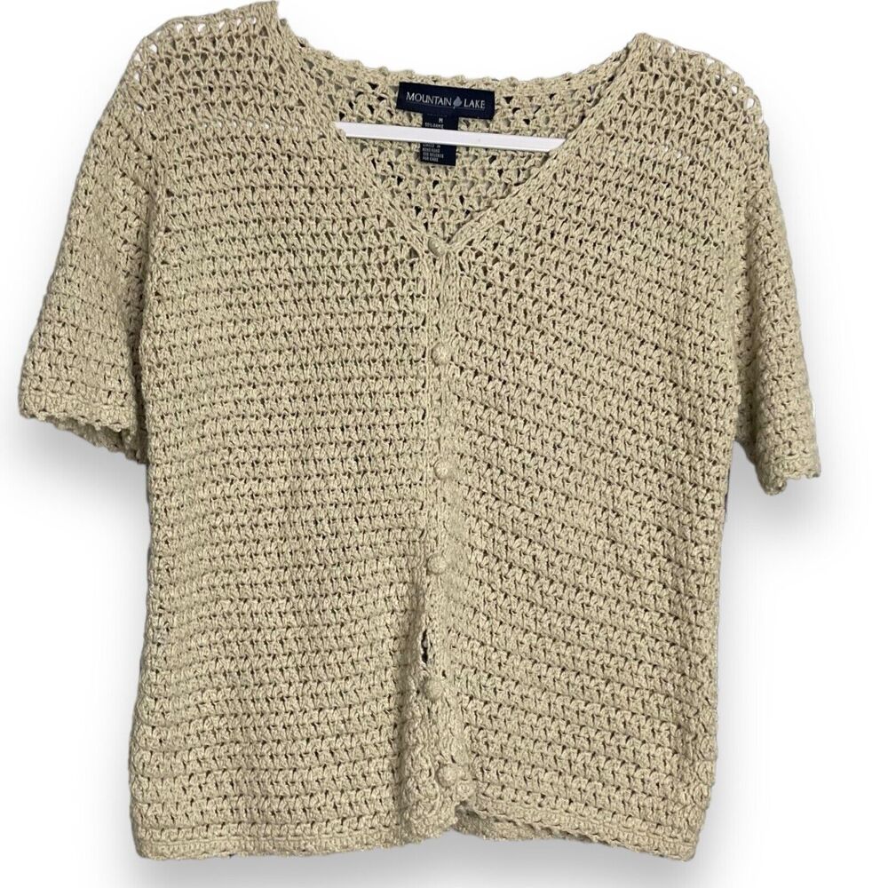 Mountain Lake Open Knit Cardigan Sweater Womens M Beige Cottagecore Boho Y2K Top